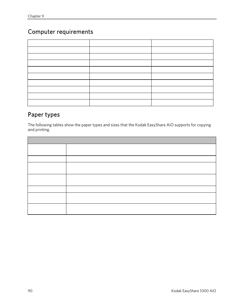 Computer requirements, Paper types | Kodak 5300 User Manual | Page 94 / 104