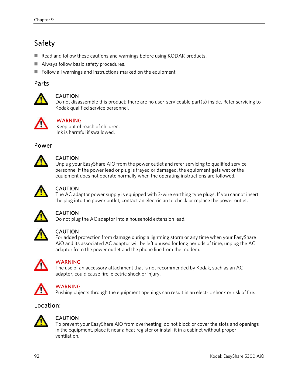 Safety, Parts, Power | Location | Kodak 5300 User Manual | Page 96 / 104