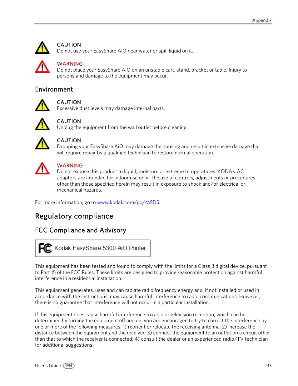 Environment, Regulatory compliance, Fcc compliance and advisory | Kodak 5300 User Manual | Page 97 / 104