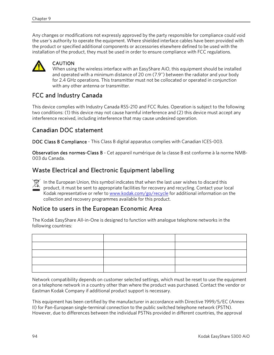 Fcc and industry canada, Canadian doc statement, Notice to users in the european economic area | Kodak 5300 User Manual | Page 98 / 104