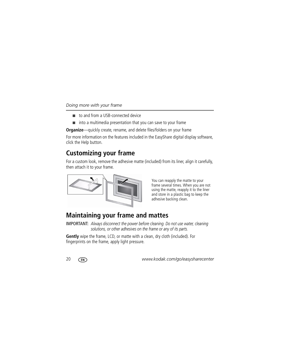 Customizing your frame, Maintaining your frame and mattes | Kodak EasyShare M820 User Manual | Page 20 / 28