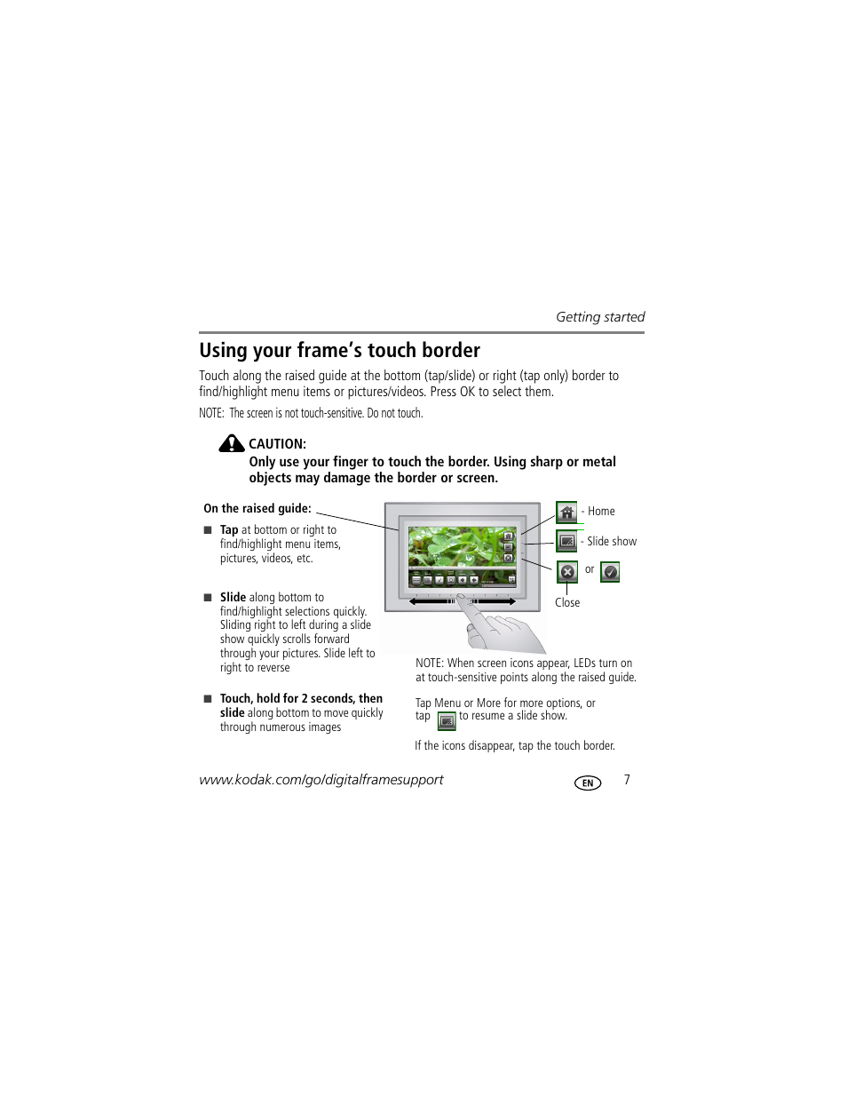 Using your frame’s touch border | Kodak EasyShare M820 User Manual | Page 7 / 28