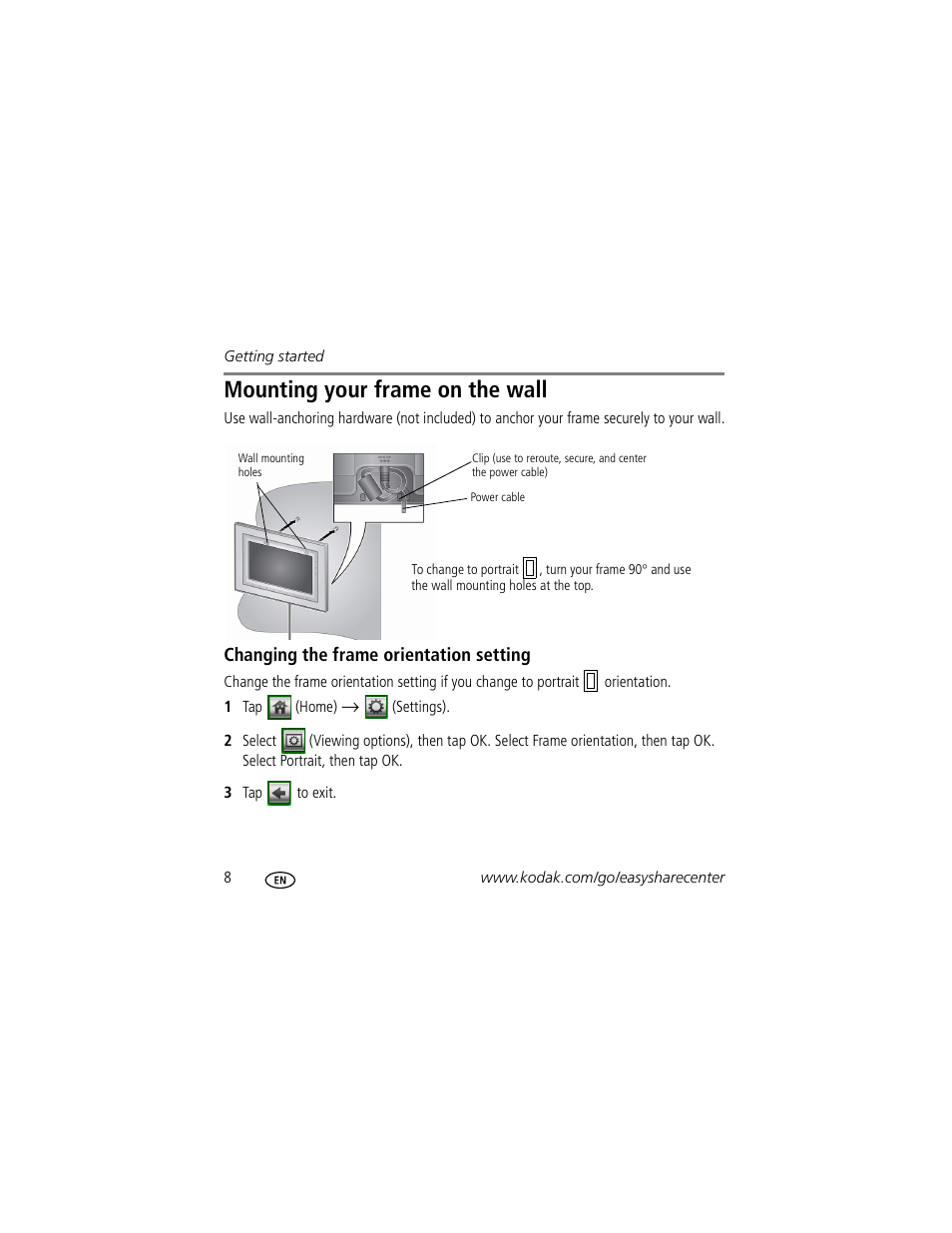 Mounting your frame on the wall | Kodak EasyShare M820 User Manual | Page 8 / 28