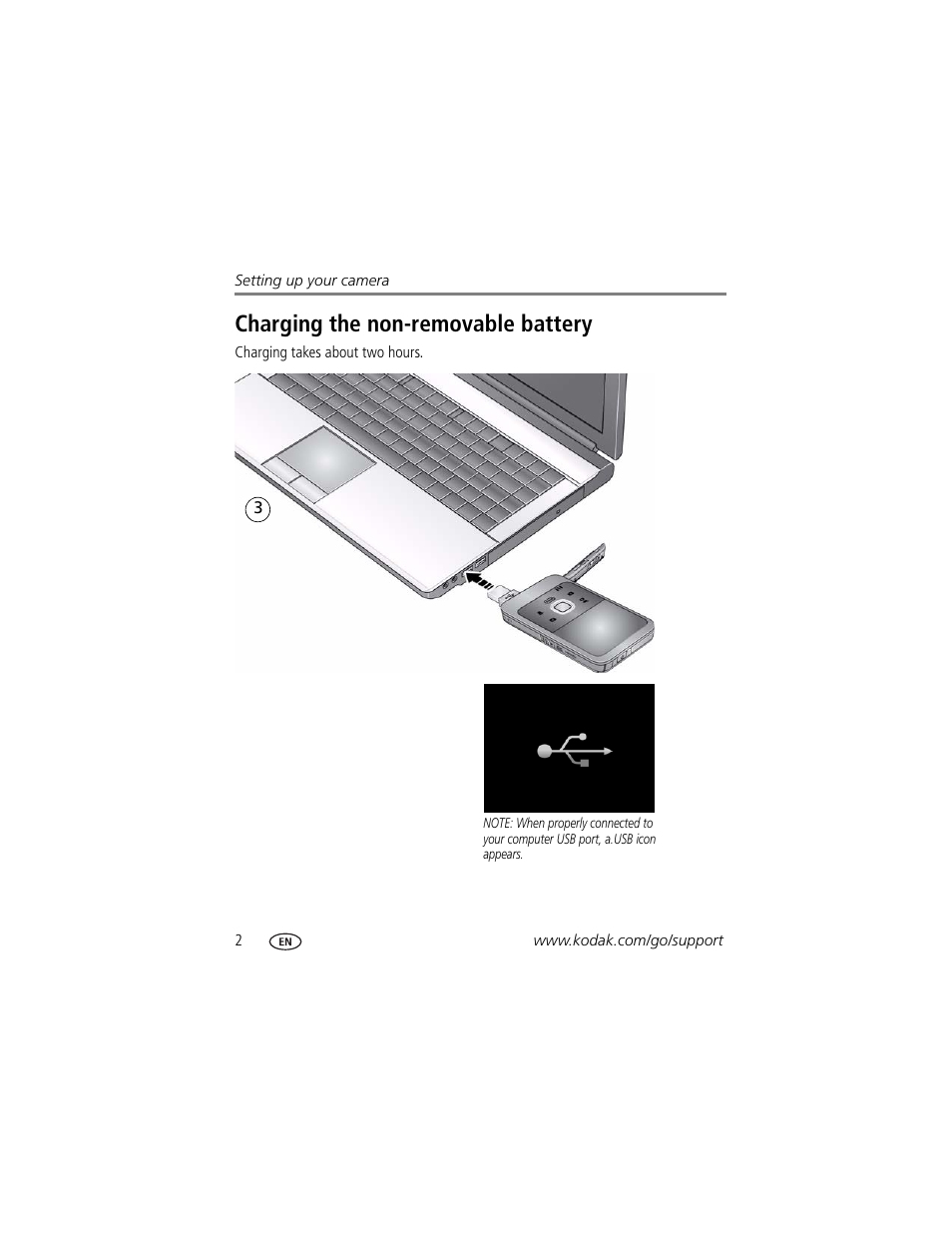 Charging the non-removable battery | Kodak ZE2 User Manual | Page 10 / 36