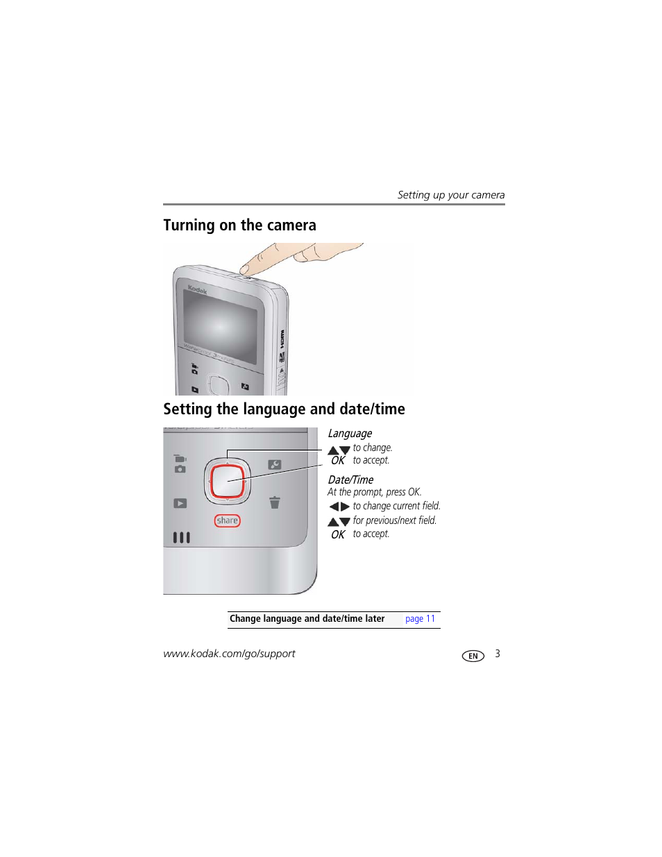 Turning on the camera, Setting the language and date/time | Kodak ZE2 User Manual | Page 11 / 36