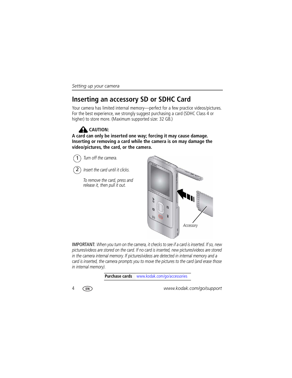 Inserting an accessory sd or sdhc card | Kodak ZE2 User Manual | Page 12 / 36
