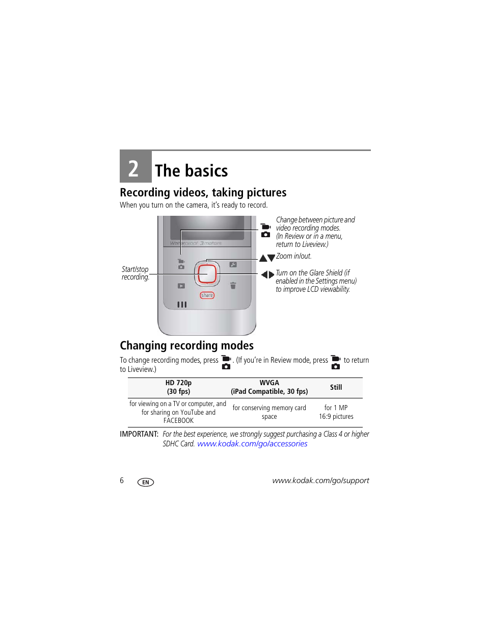 The basics, Changing recording modes, 2 the basics | Recording videos, taking pictures | Kodak ZE2 User Manual | Page 14 / 36