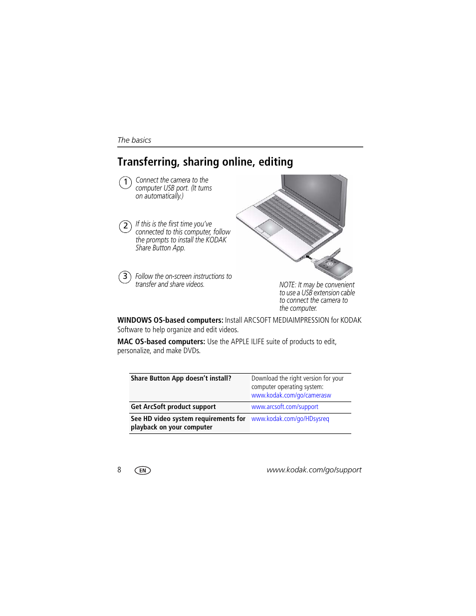 Transferring, sharing online, editing | Kodak ZE2 User Manual | Page 16 / 36