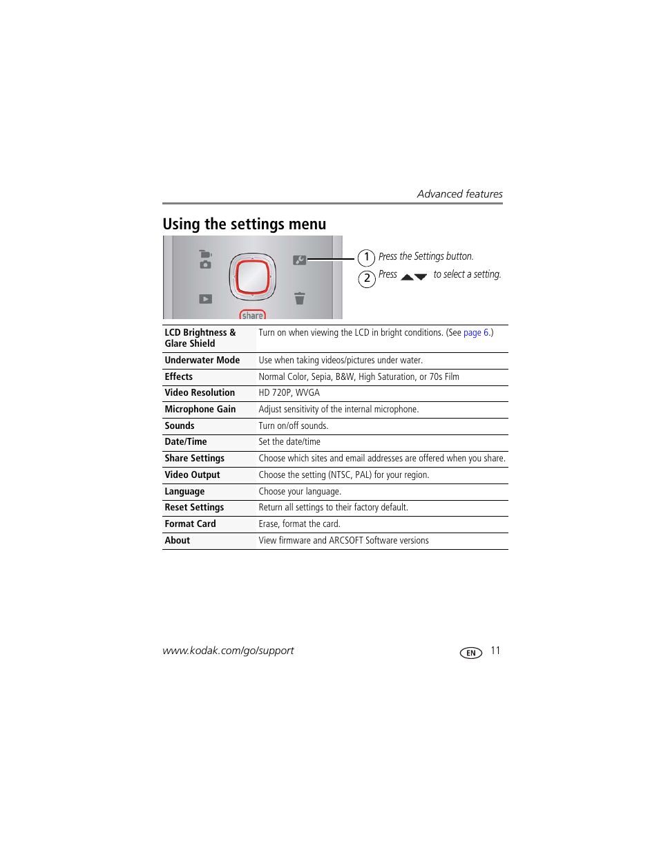 Using the settings menu | Kodak ZE2 User Manual | Page 19 / 36