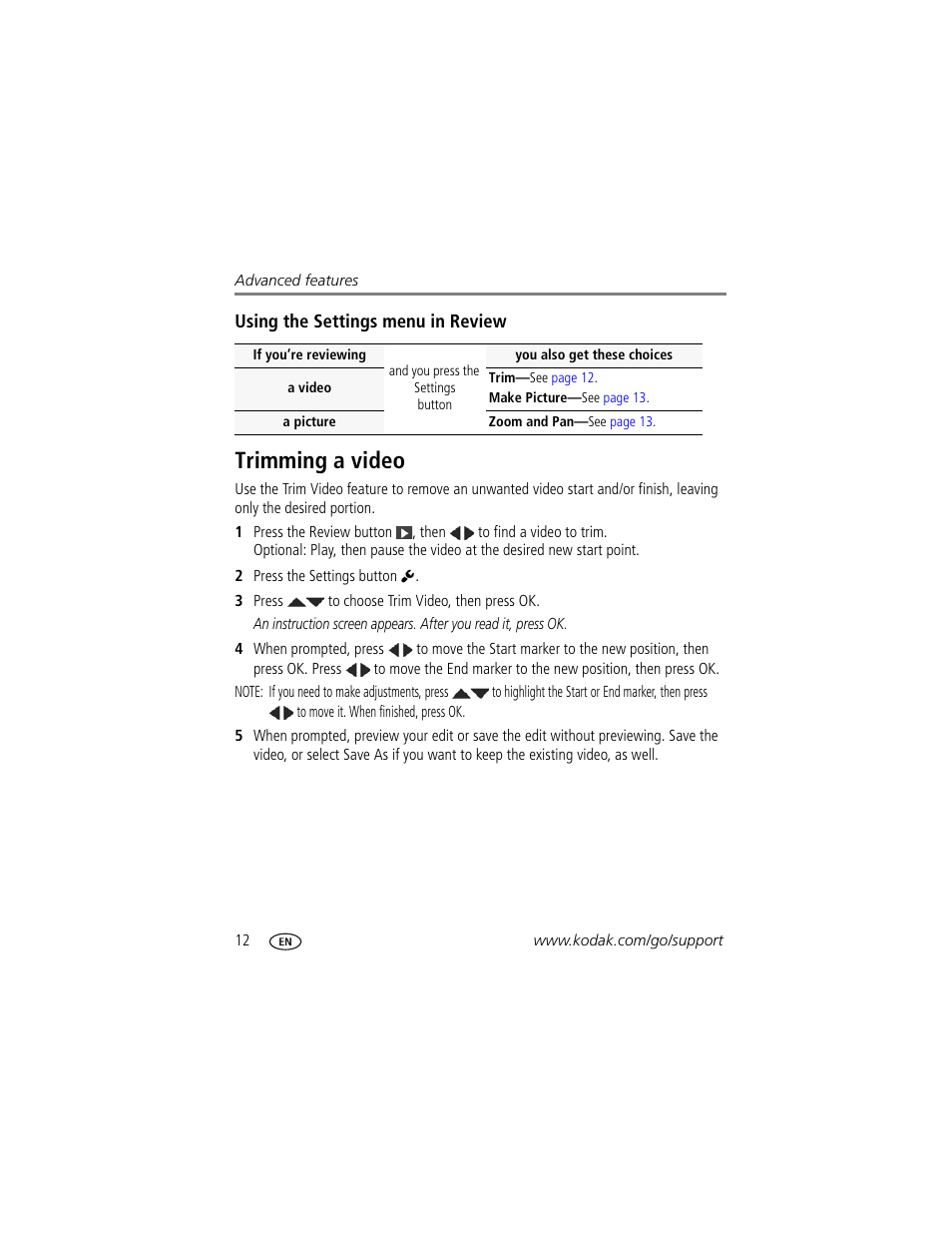 Using the settings menu in review, Trimming a video | Kodak ZE2 User Manual | Page 20 / 36