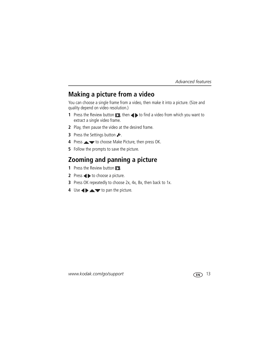 Making a picture from a video, Zooming and panning a picture | Kodak ZE2 User Manual | Page 21 / 36