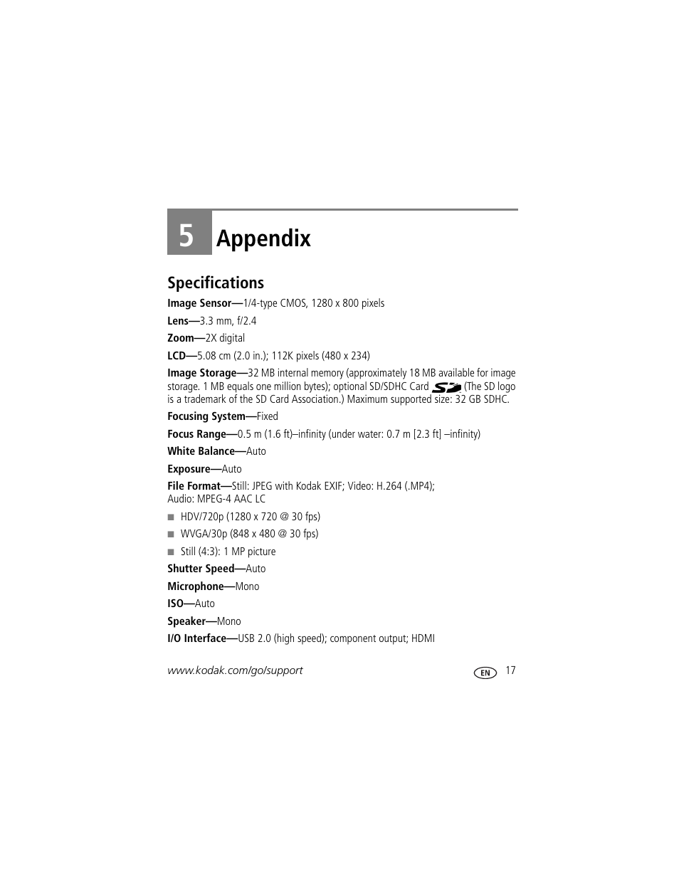 Appendix, Specifications, 5 appendix | Kodak ZE2 User Manual | Page 25 / 36