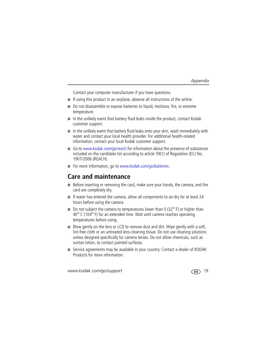 Care and maintenance | Kodak ZE2 User Manual | Page 27 / 36