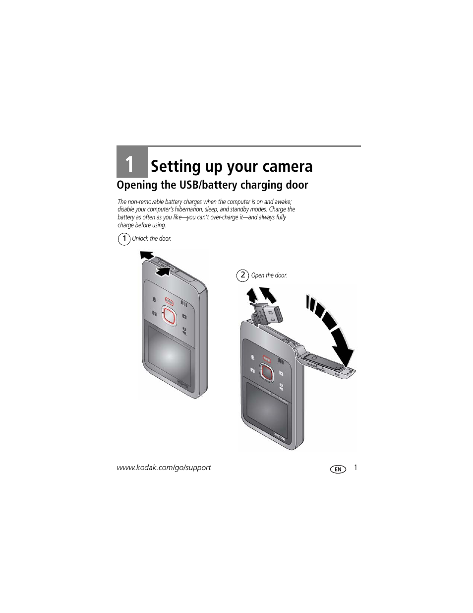 Setting up your camera, Opening the usb/battery charging door, 1 setting up your camera | Kodak ZE2 User Manual | Page 9 / 36