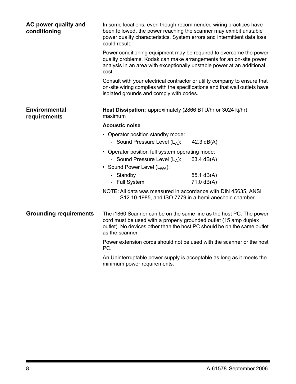 Ac power quality and conditioning, Environmental requirements, Grounding requirements | Kodak I1860 User Manual | Page 10 / 25