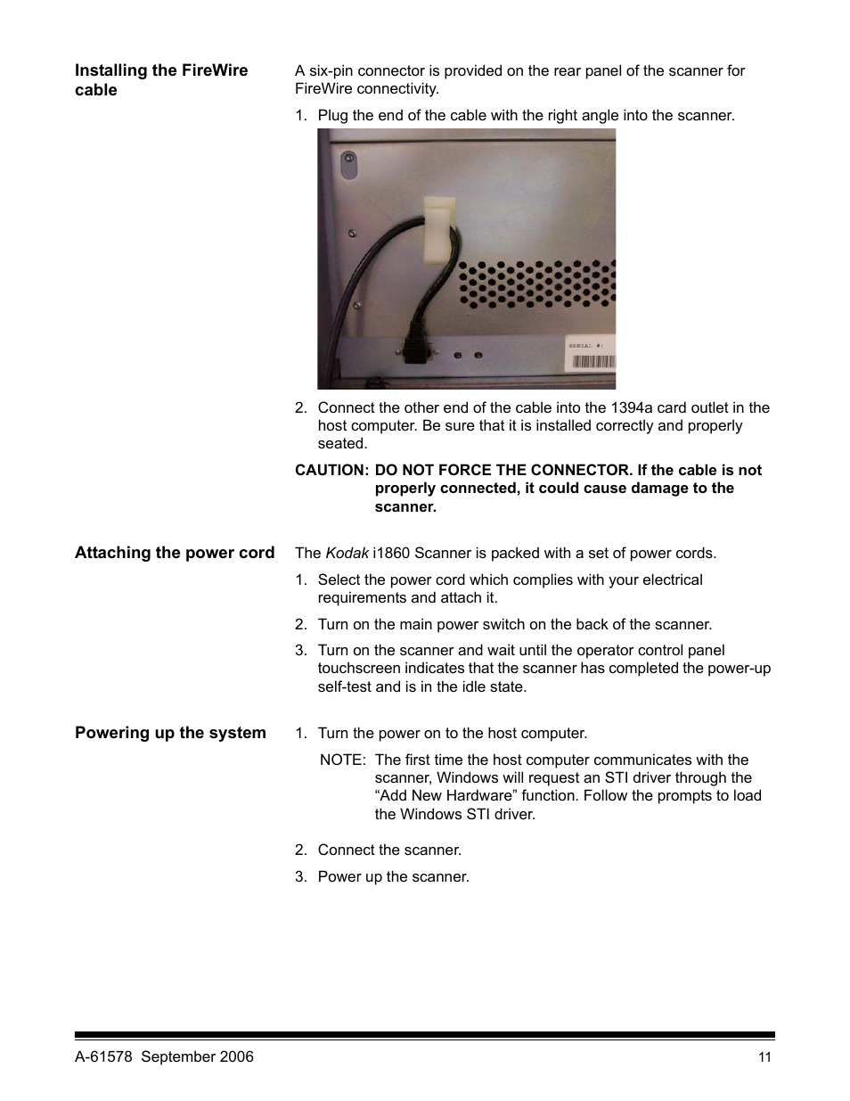 Installing the firewire cable, Attaching the power cord, Powering up the system | Kodak I1860 User Manual | Page 13 / 25