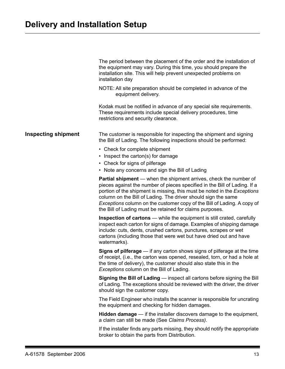 Delivery and installation setup, Inspecting shipment | Kodak I1860 User Manual | Page 15 / 25