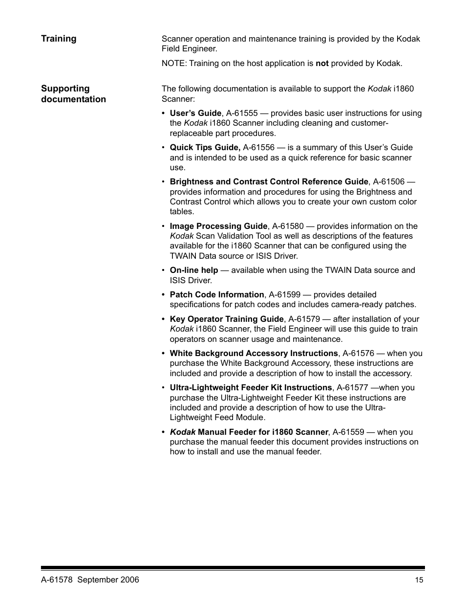 Training, Supporting documentation | Kodak I1860 User Manual | Page 17 / 25