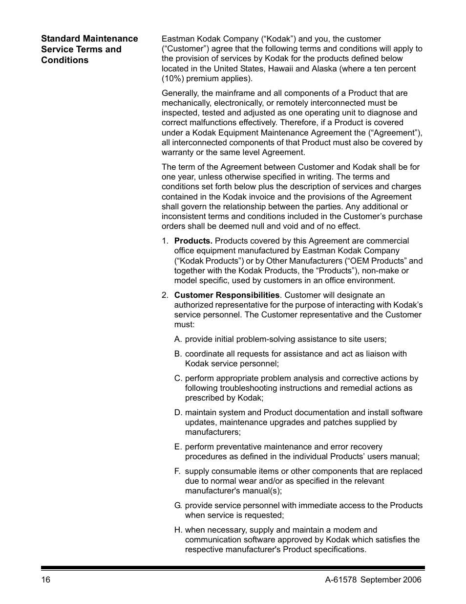Standard maintenance service terms and conditions | Kodak I1860 User Manual | Page 18 / 25