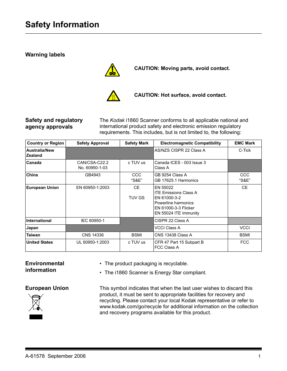 Safety information, Warning labels, Safety and regulatory agency approvals | Environmental information, European union | Kodak I1860 User Manual | Page 3 / 25