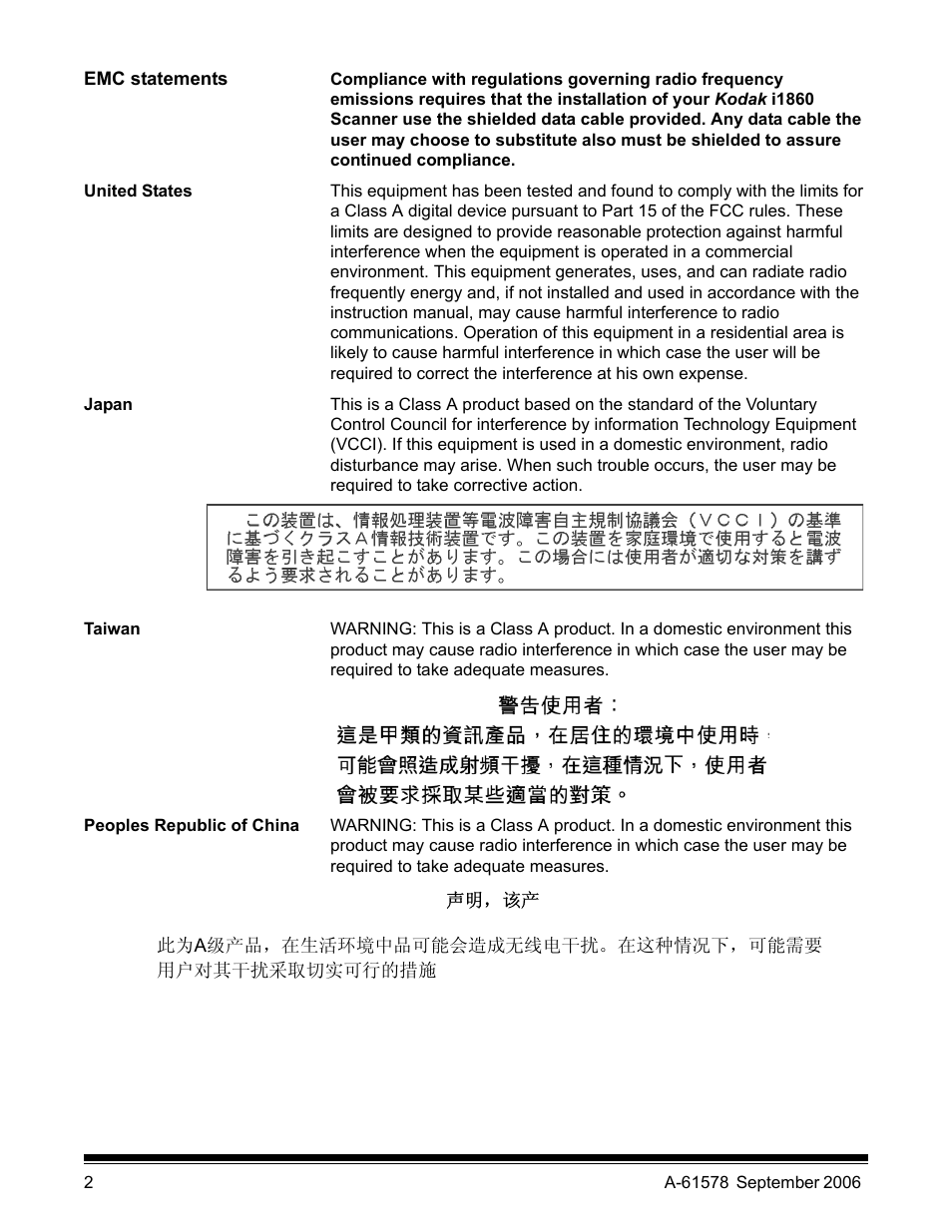 Emc statements, United states, Japan | Taiwan, Peoples republic of china | Kodak I1860 User Manual | Page 4 / 25