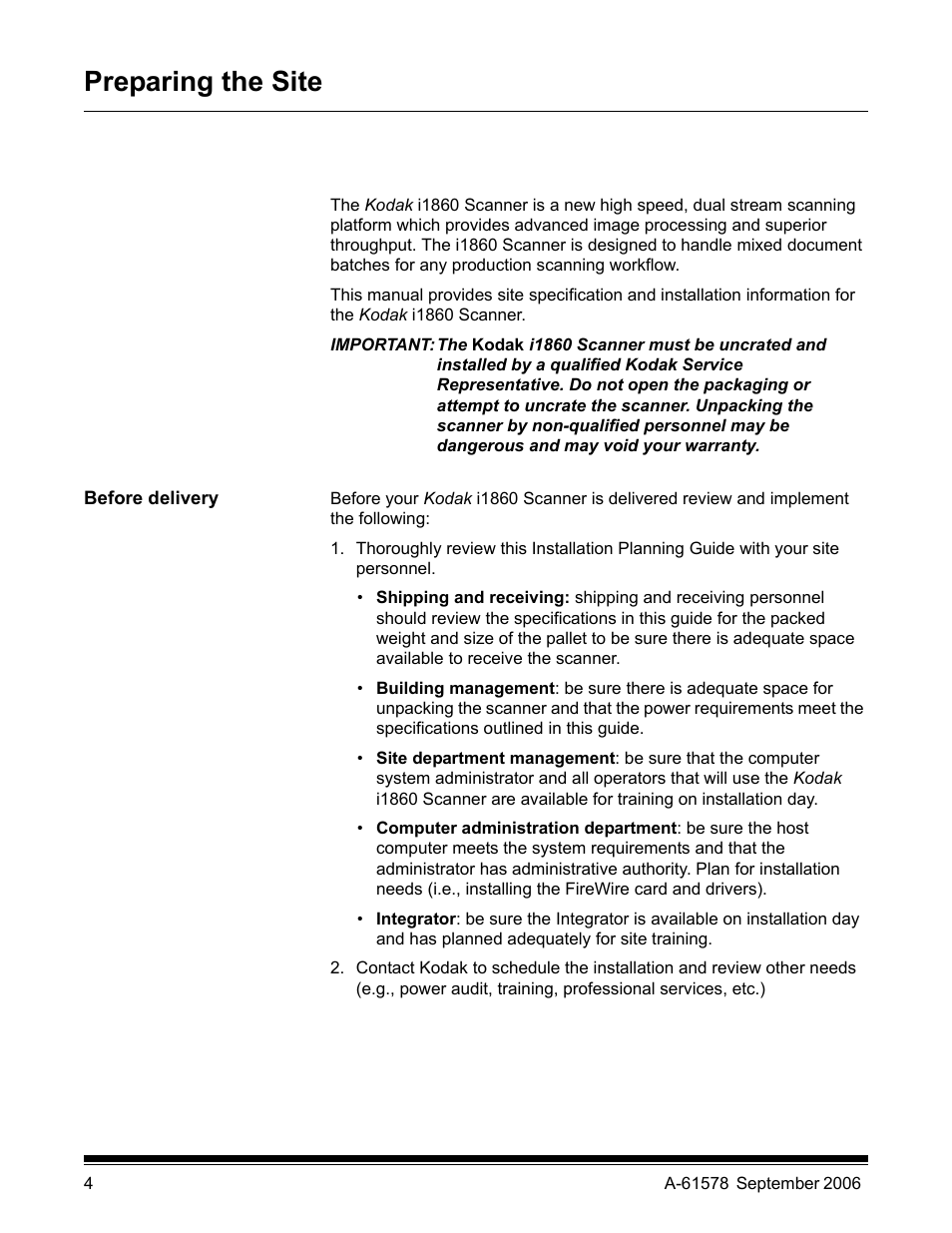 Preparing the site, Before delivery | Kodak I1860 User Manual | Page 6 / 25