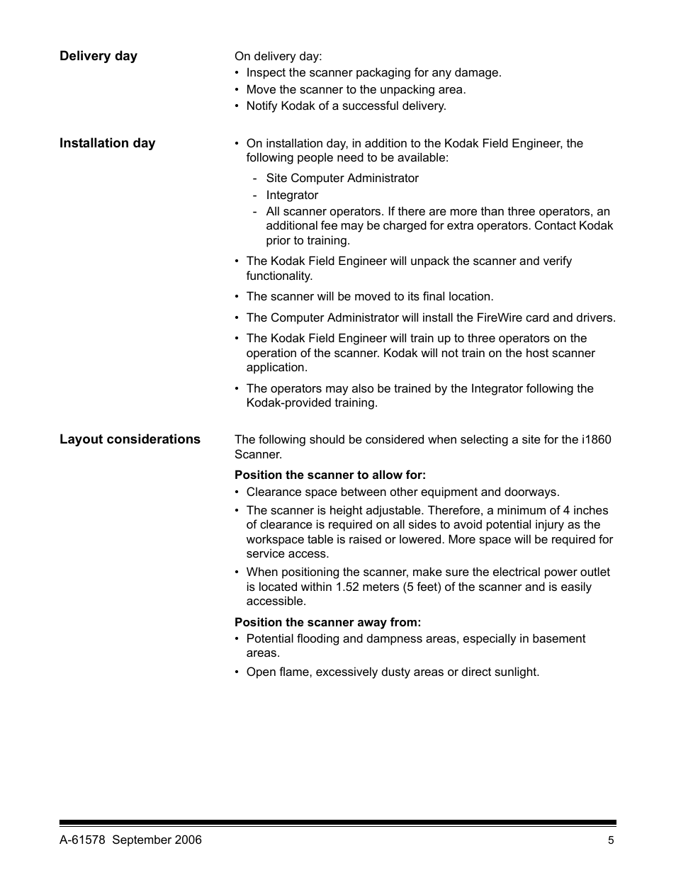 Delivery day, Installation day, Layout considerations | Kodak I1860 User Manual | Page 7 / 25