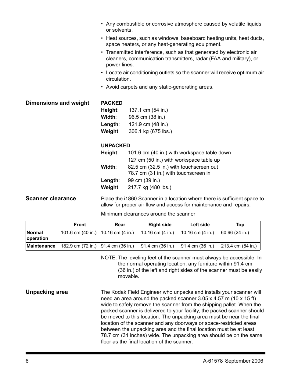 Dimensions and weight, Scanner clearance, Unpacking area | Kodak I1860 User Manual | Page 8 / 25