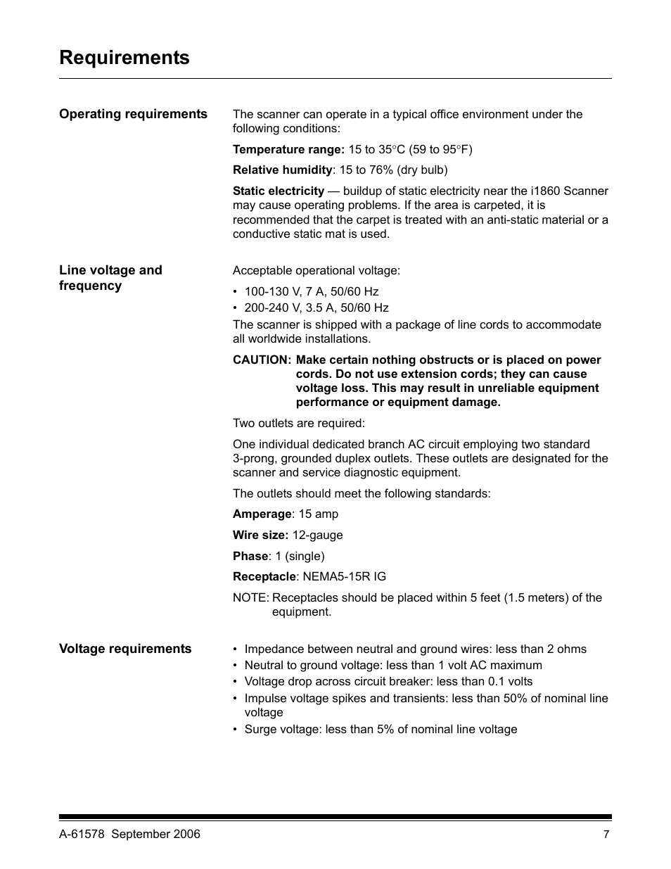 Requirements, Operating requirements, Line voltage and frequency | Voltage requirements | Kodak I1860 User Manual | Page 9 / 25