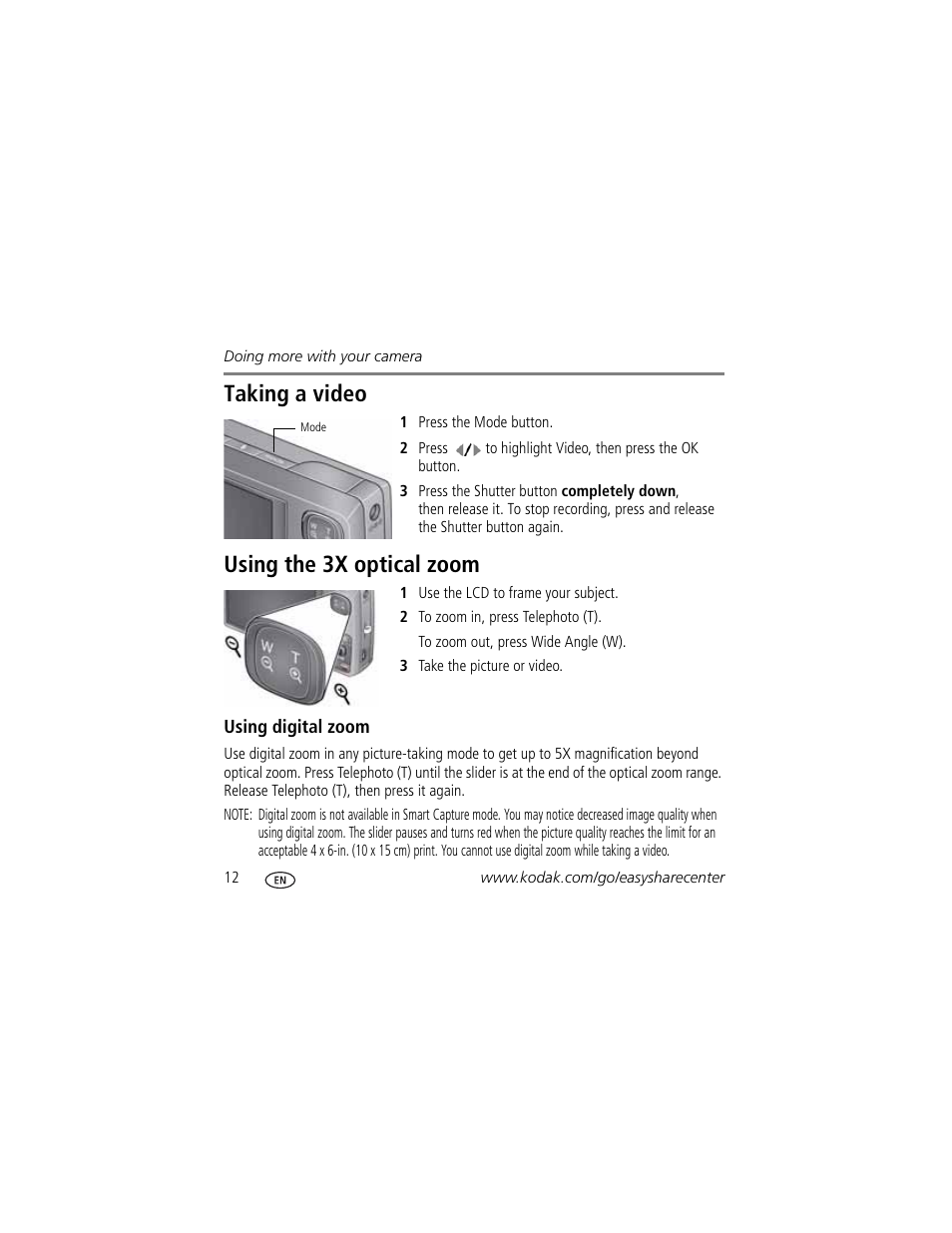 Taking a video, Using the 3x optical zoom | Kodak KLIC-7004 User Manual | Page 12 / 28