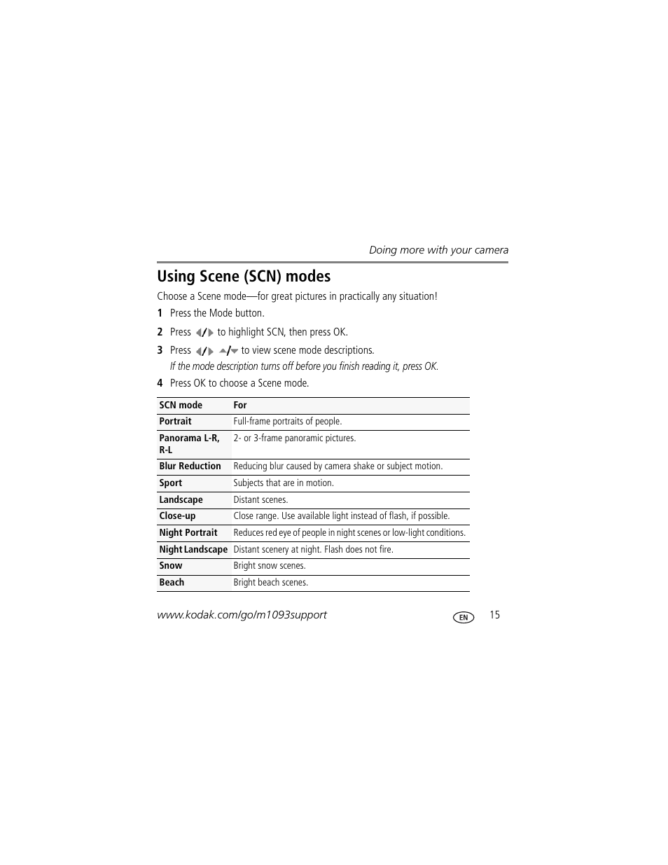 Using scene (scn) modes | Kodak KLIC-7004 User Manual | Page 15 / 28