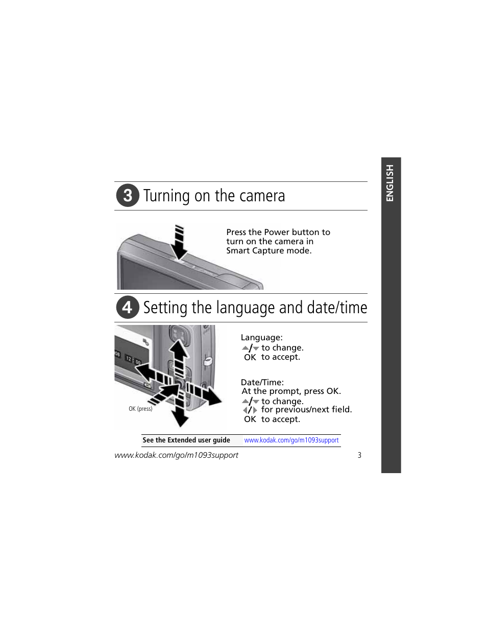 Turning on the camera, Setting the language and date/time | Kodak KLIC-7004 User Manual | Page 3 / 28