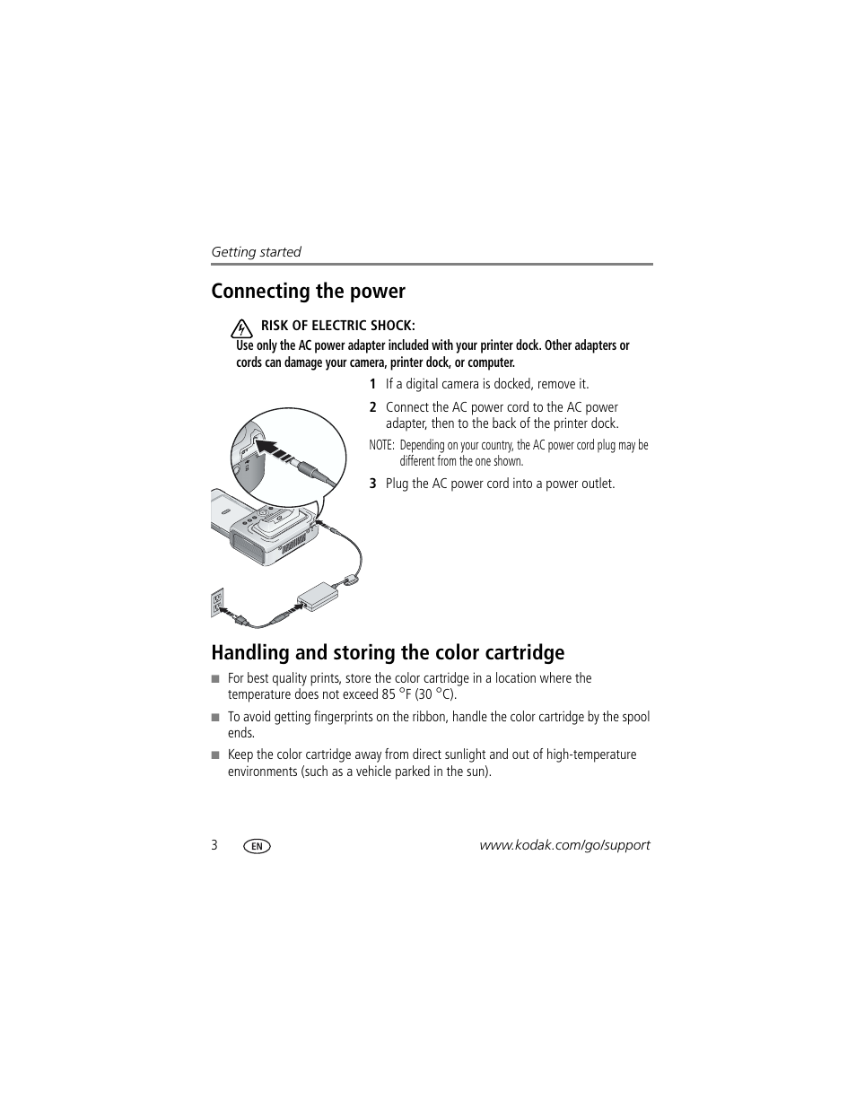 Connecting the power, Handling and storing the color cartridge | Kodak Series 3 User Manual | Page 10 / 91