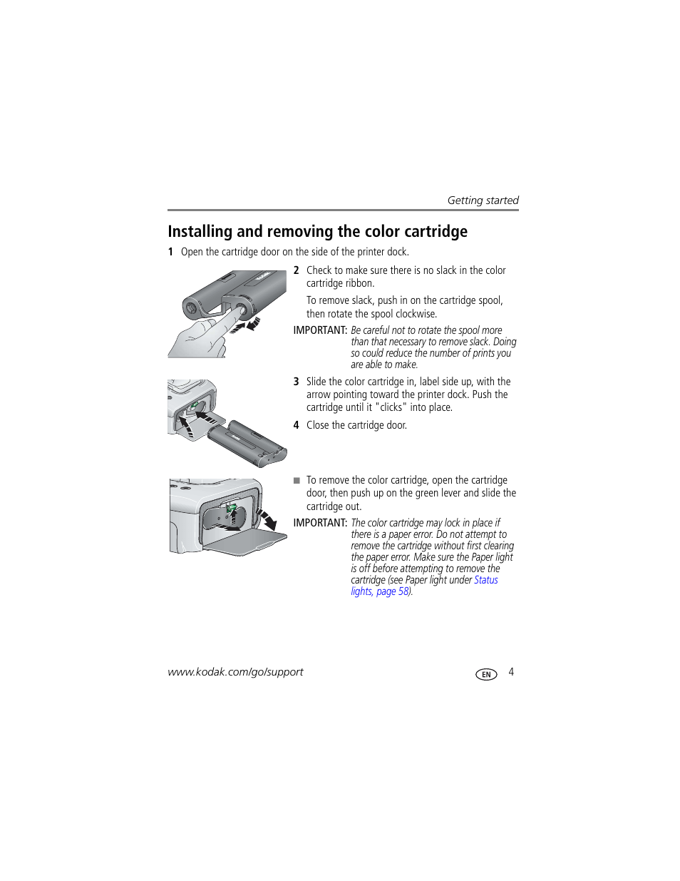 Installing and removing the color cartridge | Kodak Series 3 User Manual | Page 11 / 91