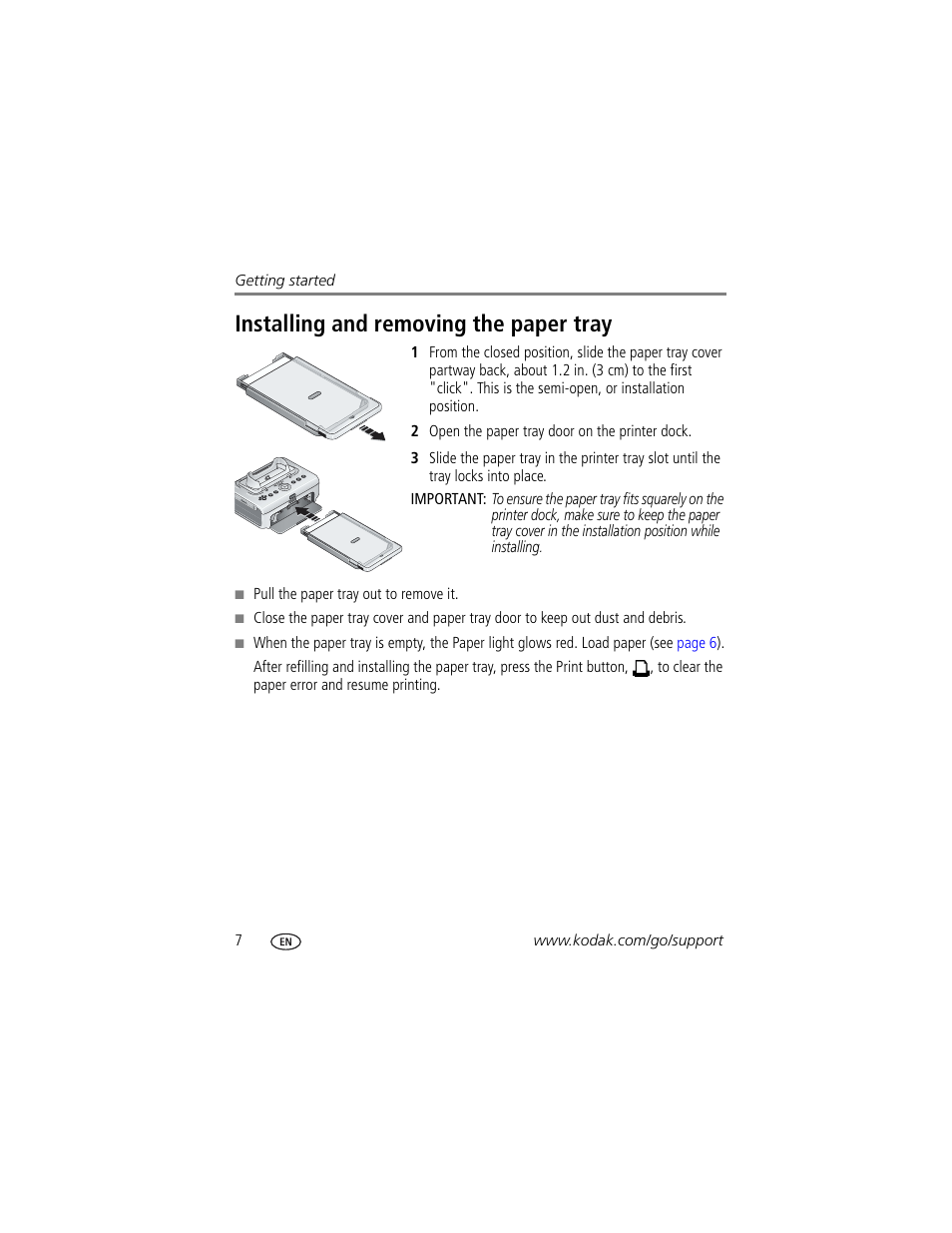 Installing and removing the paper tray | Kodak Series 3 User Manual | Page 14 / 91