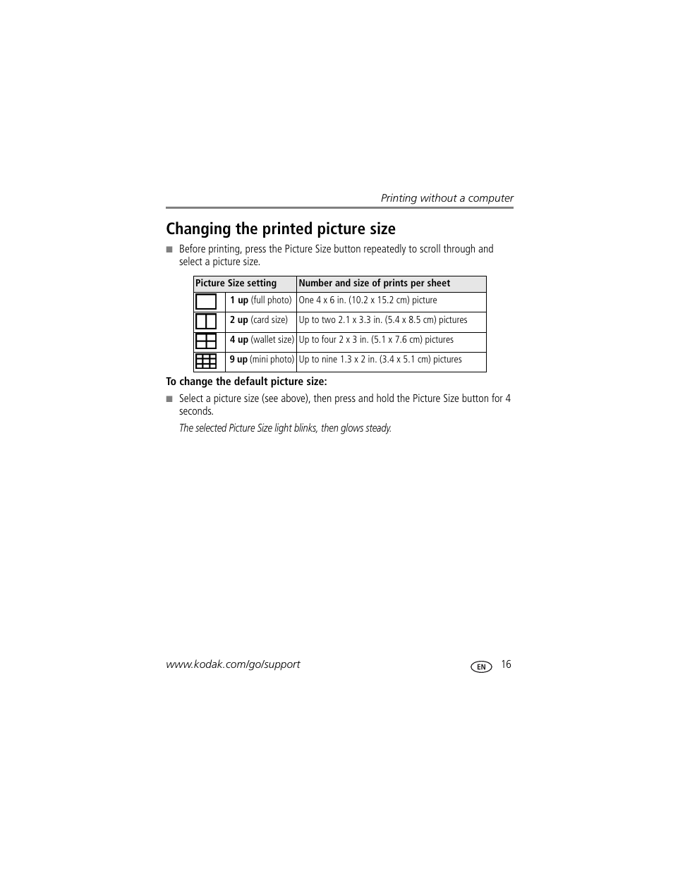 Changing the printed picture size | Kodak Series 3 User Manual | Page 23 / 91