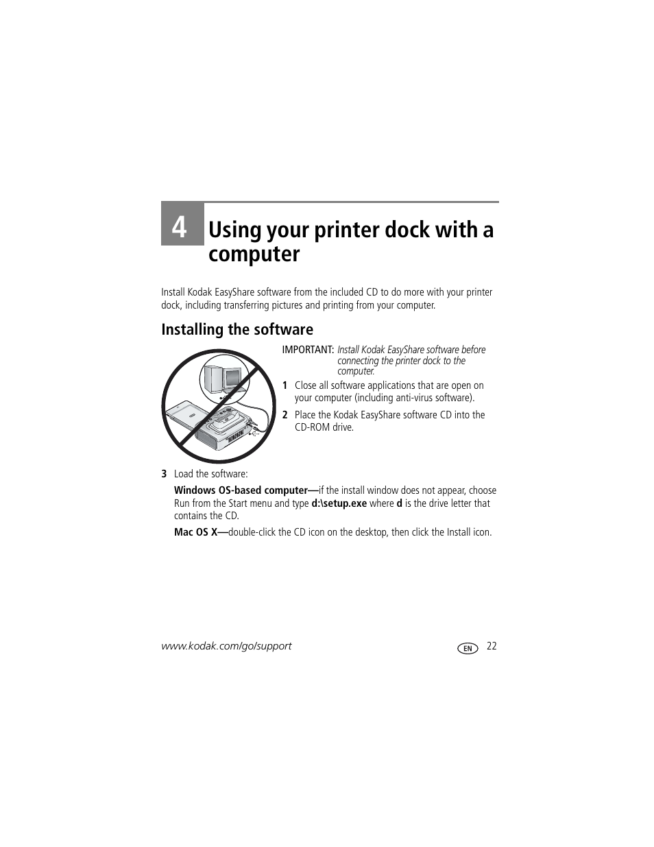 4 using your printer dock with a computer, Installing the software, Using your printer dock with a computer | Kodak Series 3 User Manual | Page 29 / 91