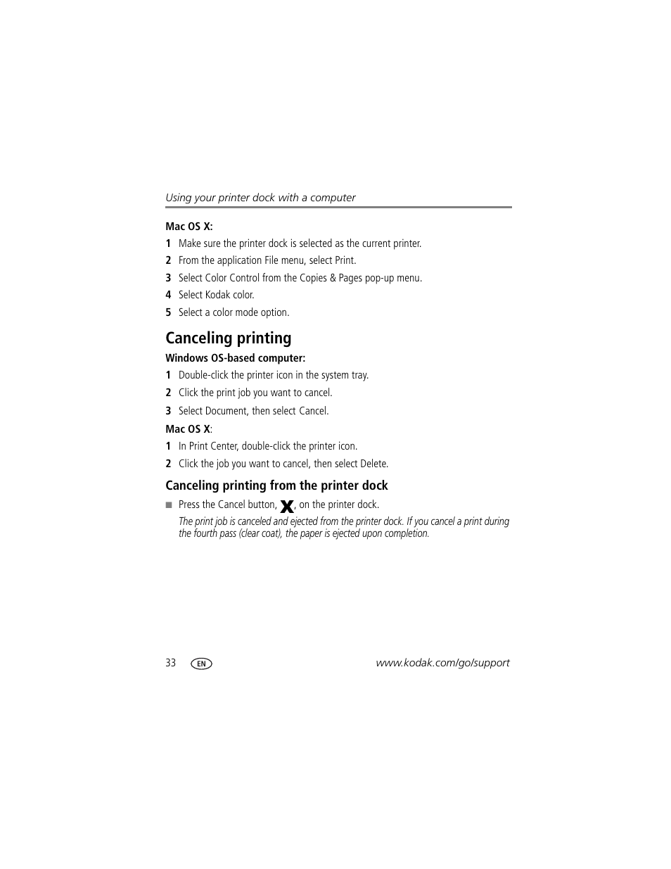 Canceling printing, Canceling printing from the printer dock | Kodak Series 3 User Manual | Page 40 / 91