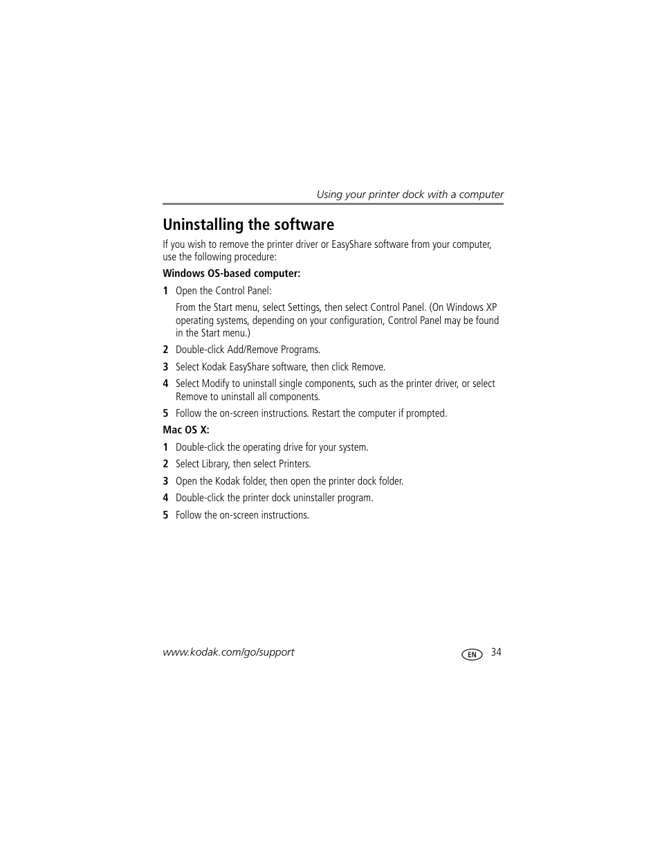 Uninstalling the software | Kodak Series 3 User Manual | Page 41 / 91