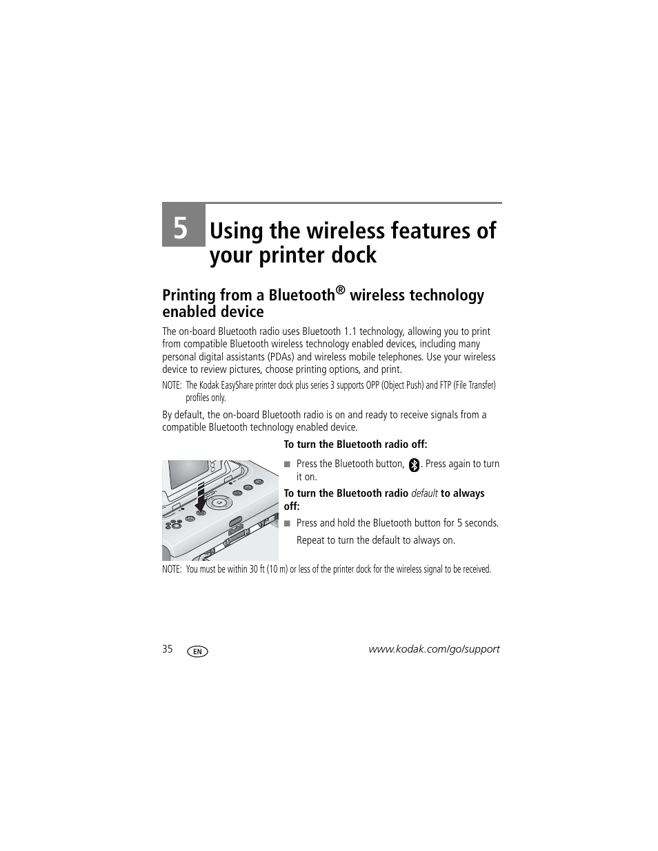 5 using the wireless features of your printer dock, Printing from a bluetooth, Using the wireless features of your printer dock | Wireless technology enabled device | Kodak Series 3 User Manual | Page 42 / 91