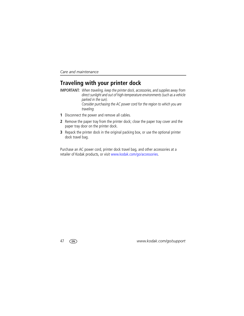 Traveling with your printer dock | Kodak Series 3 User Manual | Page 54 / 91