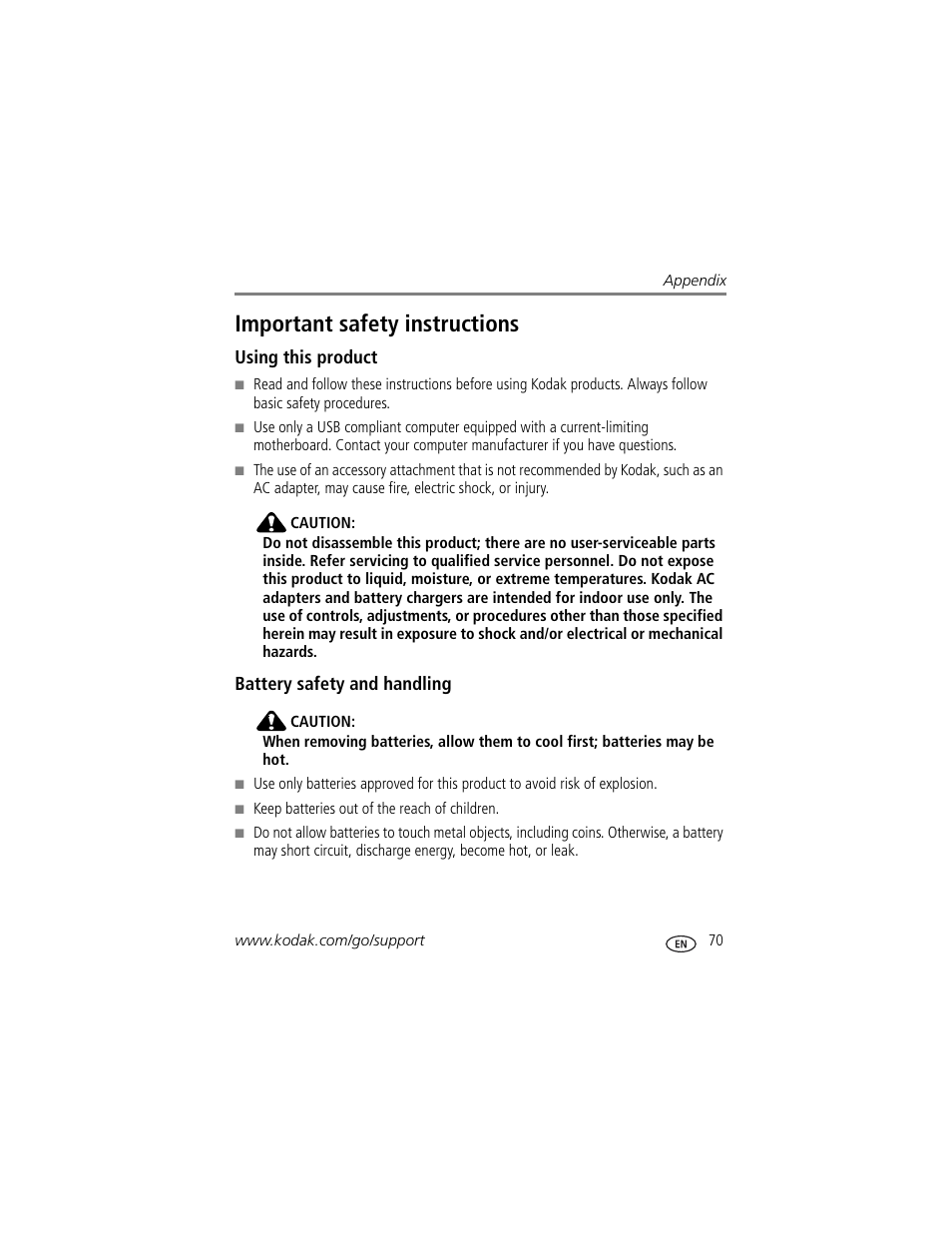 Important safety instructions, Using this product, Battery safety and handling | Kodak Series 3 User Manual | Page 77 / 91