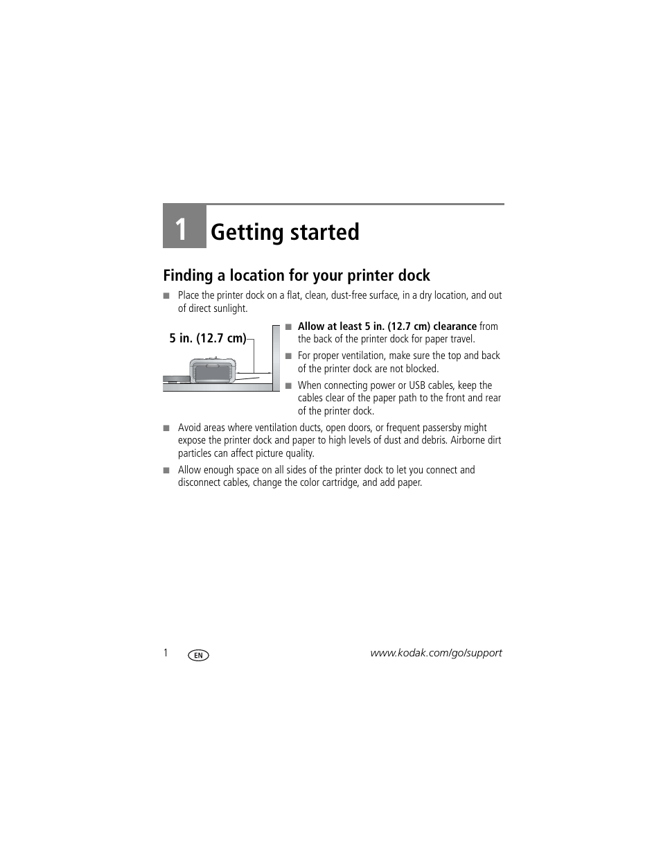 1 getting started, Finding a location for your printer dock, Getting started | Kodak Series 3 User Manual | Page 8 / 91