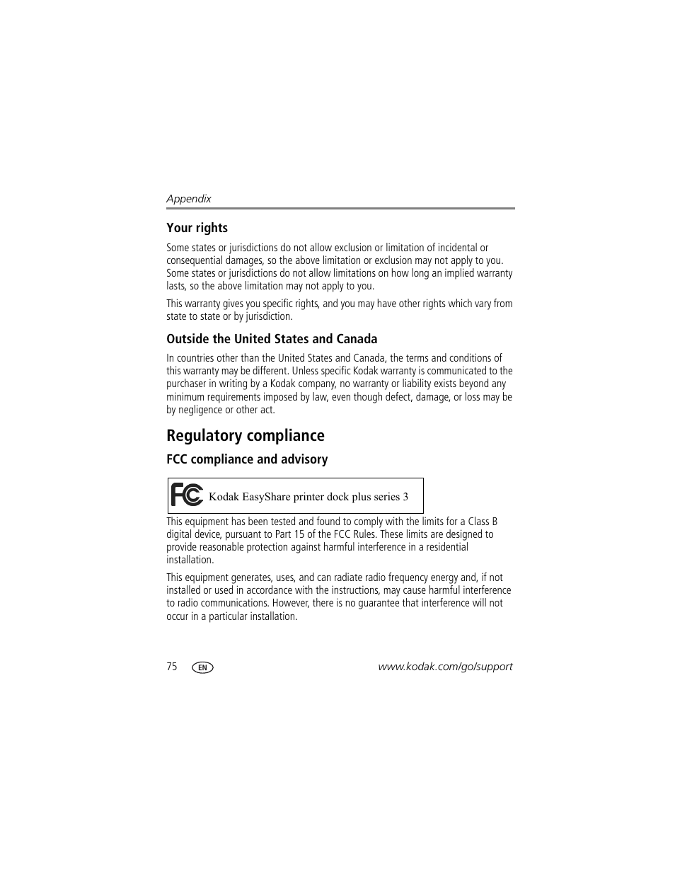 Your rights, Outside the united states and canada, Regulatory compliance | Fcc compliance and advisory | Kodak Series 3 User Manual | Page 82 / 91