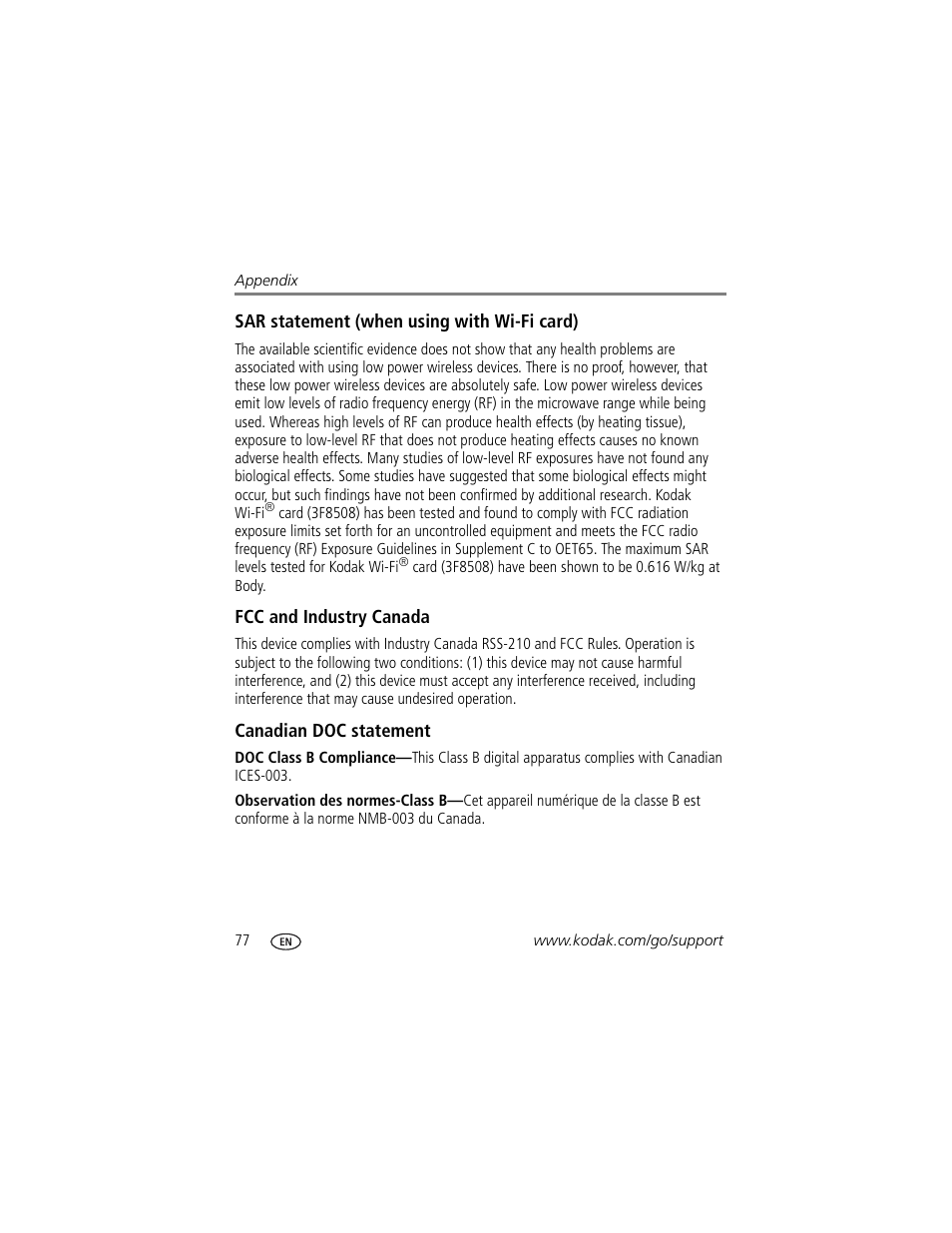 Sar statement (when using with wi-fi card), Fcc and industry canada, Canadian doc statement | Kodak Series 3 User Manual | Page 84 / 91