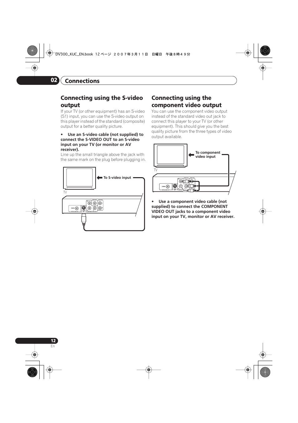 Connecting using the s-video output, Connecting using the component video output, Connections 02 | Kodak DV-300-K User Manual | Page 12 / 43