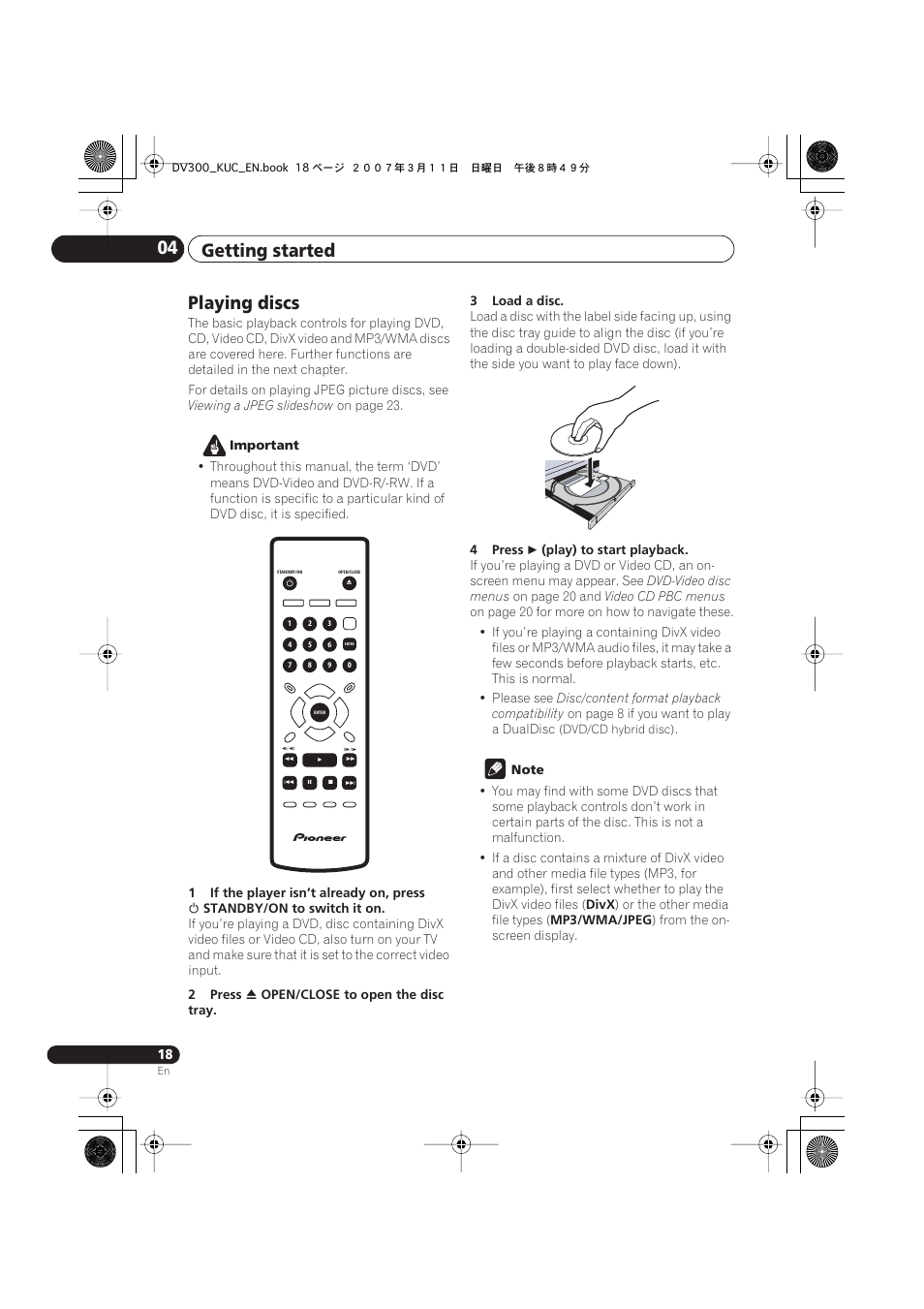 Playing discs, Getting started 04 | Kodak DV-300-K User Manual | Page 18 / 43