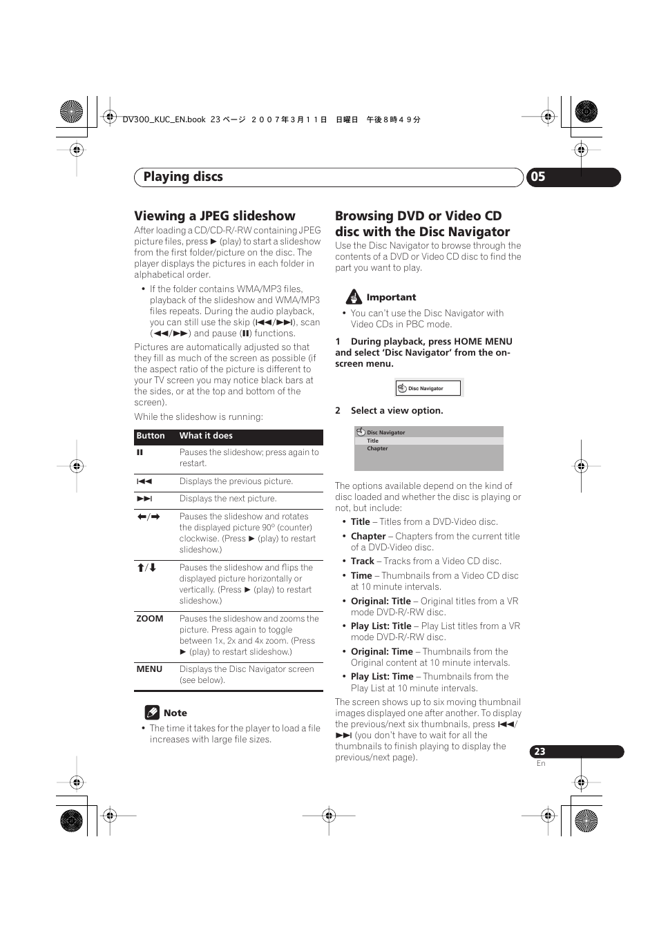 Viewing a jpeg slideshow, Playing discs 05 | Kodak DV-300-K User Manual | Page 23 / 43