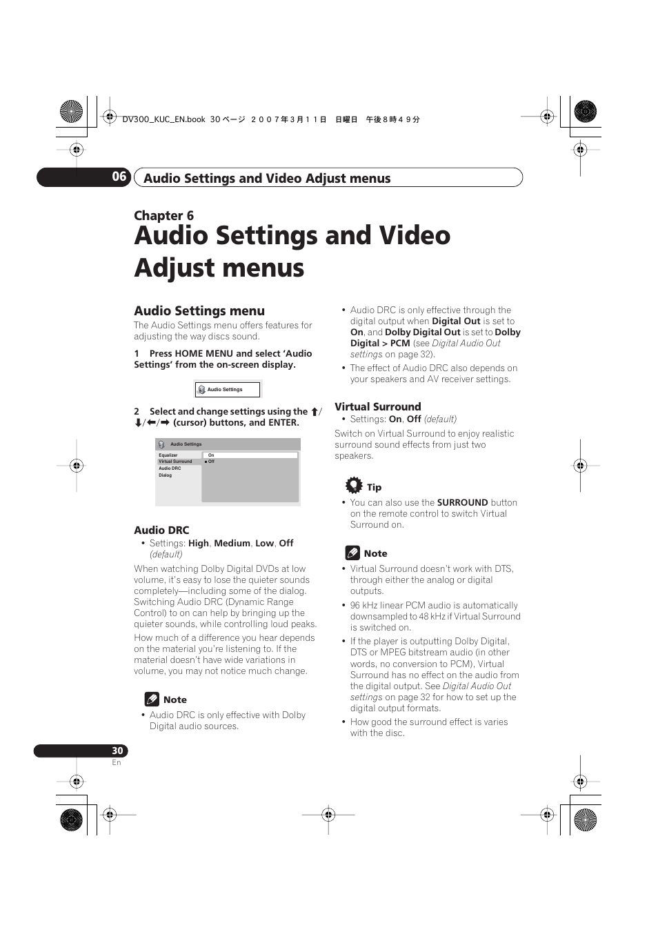 06 audio settings and video adjust menus, Audio settings menu, Audio settings and video adjust menus | Audio settings and video adjust menus 06, Chapter 6 | Kodak DV-300-K User Manual | Page 30 / 43