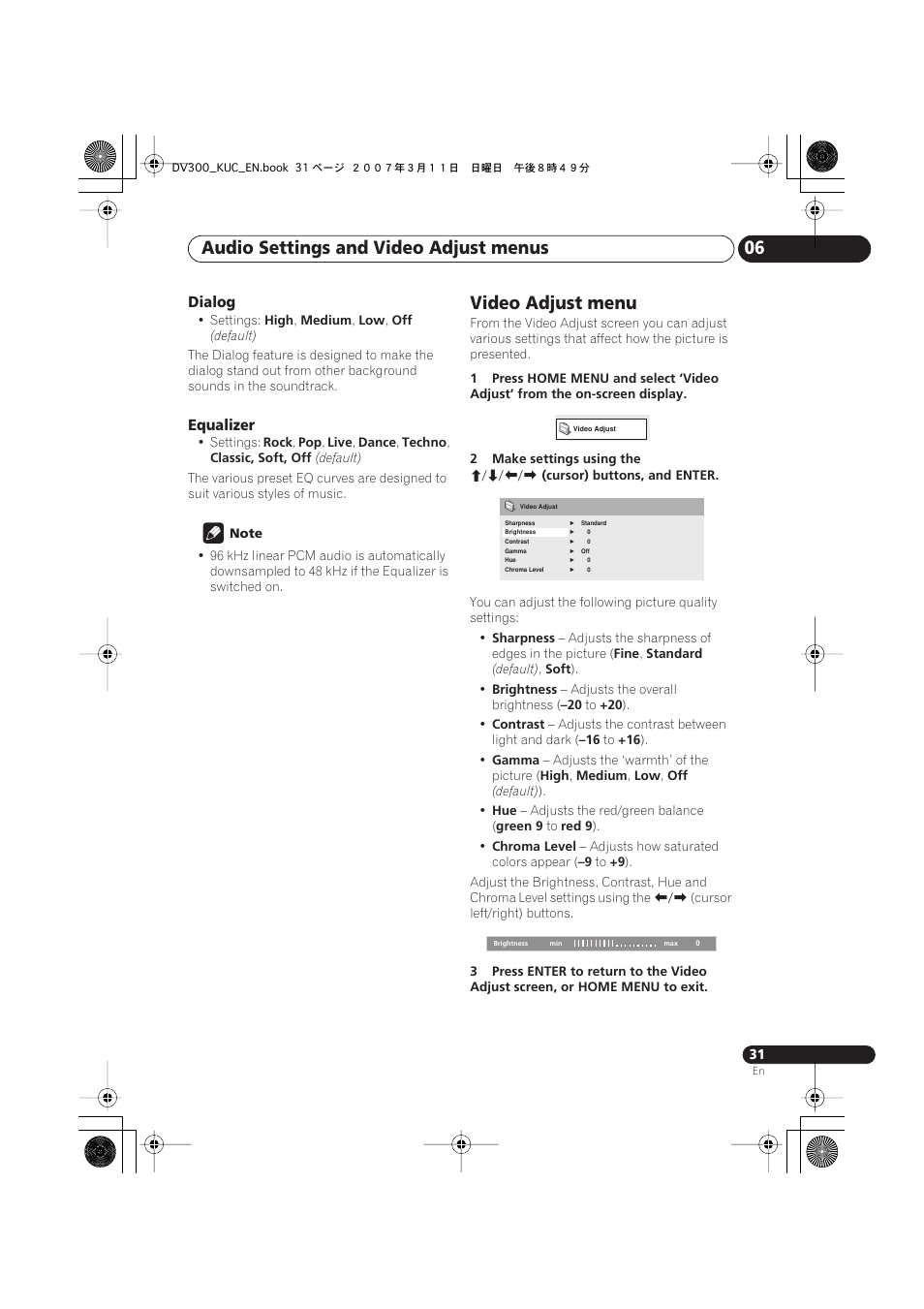 Video adjust menu, Audio settings and video adjust menus 06 | Kodak DV-300-K User Manual | Page 31 / 43